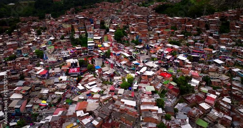 Densely built and populous infamous Comuna 13 (San Javier) in Medellin. Aerial