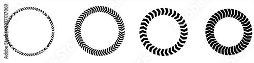 Chevron arrow circles set. Chevron shape round frame. Motion direction road border. Triangle arrow sign. Warning repeat stripe. Circle arrow icon. Vector illustration isolated on white background.