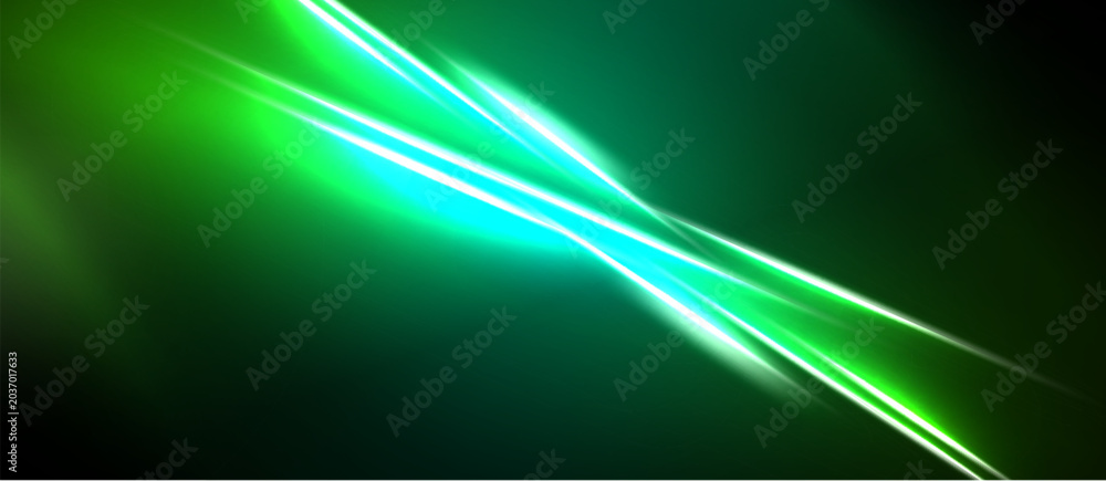 Naklejka premium Bright green energy streaks cross dark background. Abstract light design creates dynamic visual impact. Vivid colors dominate composition.