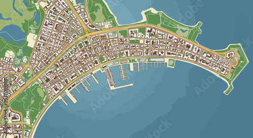 Detailed vector map of a thriving coastal city, showcasing intricate urban planning, a bustling harbor, extensive road networks, residential zones, and surrounding green spaces