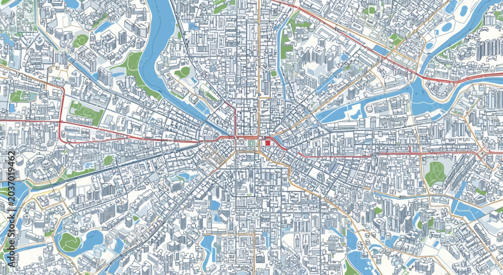 Fototapeta premium Detailed aerial view of a city's urban landscape showcasing its intricate network of streets, buildings, and waterways from above