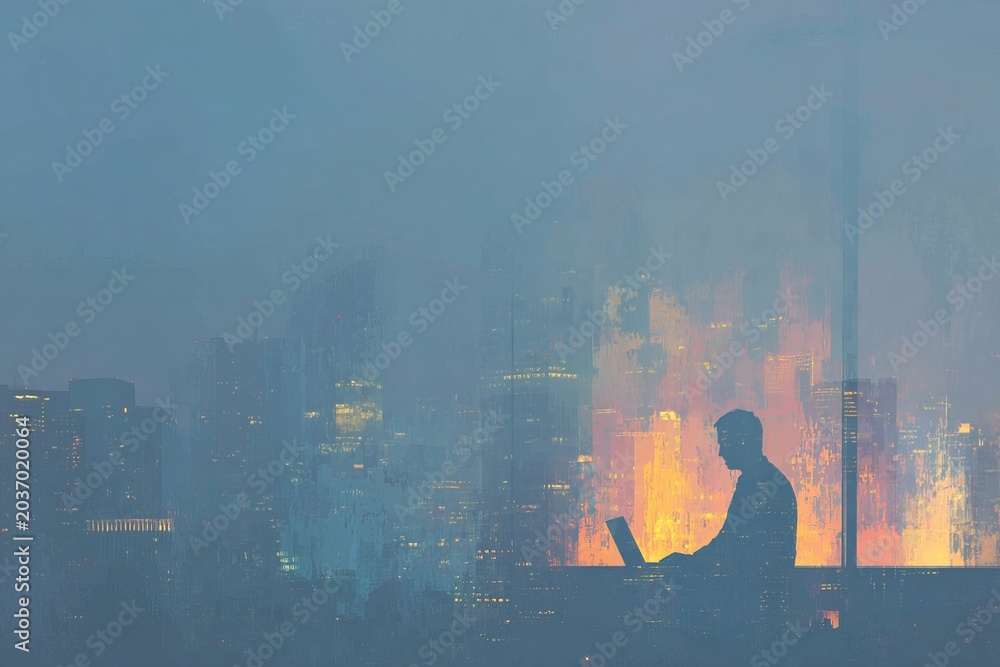 Fototapeta premium Double exposure of man using laptop computer and megacity lights at sunset. Concept of big data, financial market and business.