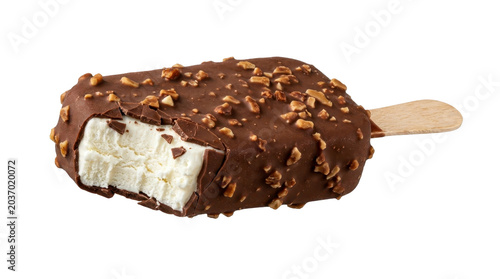 Vanilla ice cream bar with chocolate coating and almond nuts on a transparent background PNG file