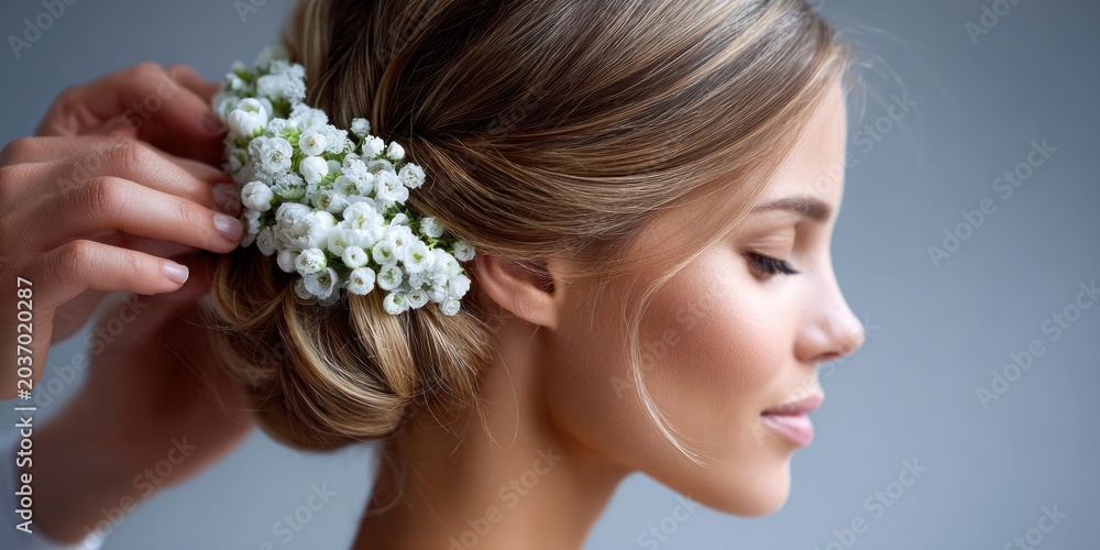Naklejka premium Bride's elegant updo hairstyle adorned with delicate white baby's breath flowers