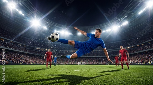 A soccer player mid-air executes an epic bicycle kick in a massive stadium illuminated by bright floodlights. It conveys a thrilling feeling of high-octane action and cinematic drama.