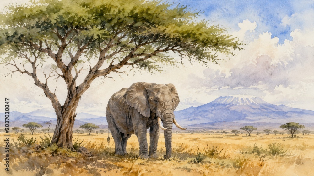 Obraz premium Elephant standing beneath acacia tree in savanna plains