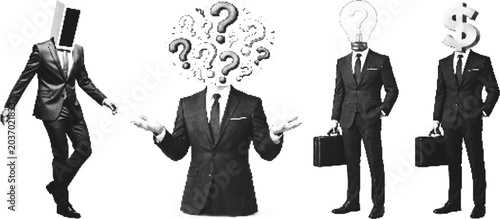 Halftone businessman collage with question mark money and idea concept