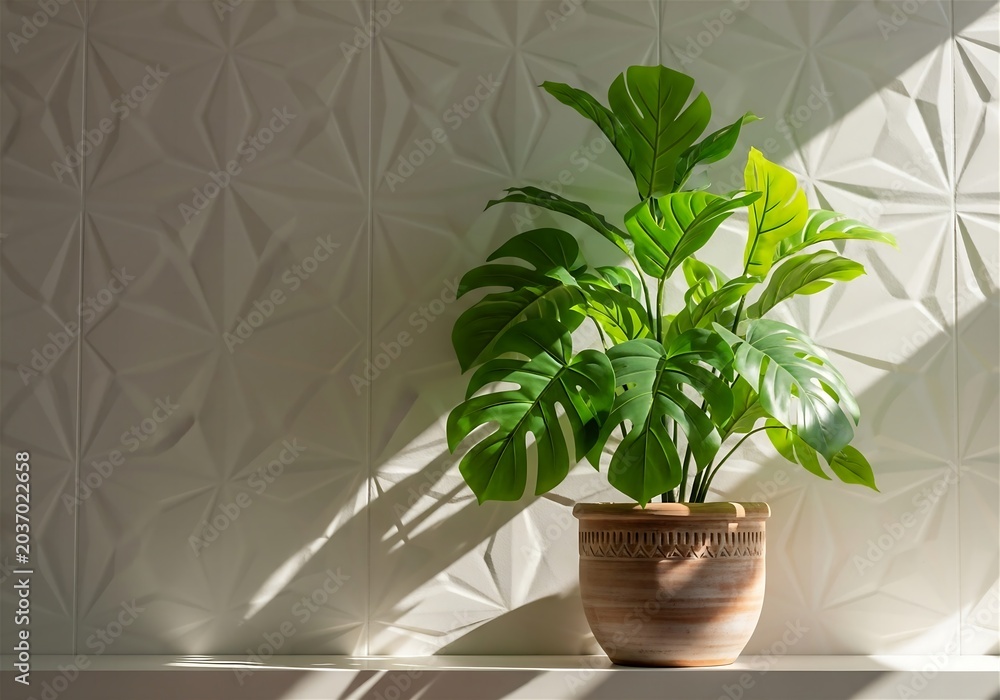 Fototapeta premium Bright Sunlight Illuminates a Potted Green Monstera Plant Against a Textured Geometric Wall, plant in a pot