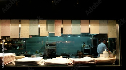 Restaurant Kitchen Service Window with Hanging Tickets
