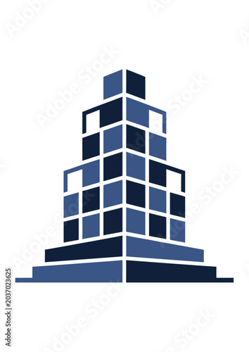 Modern Minimalist Blue Skyscraper Building with Geometric Windows Against White Background