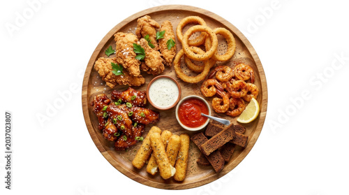 Appetizer platter with fried chicken wings shrimp onion rings and cheese sticks on a wooden tray PNG file