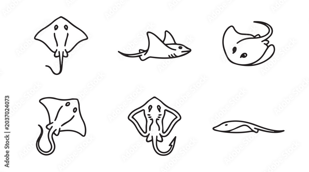 Obraz premium Stingray fish vector line art collection with stingray wildlife underwater illustration ichthyology collection creature swimming decorative artistic isolated
