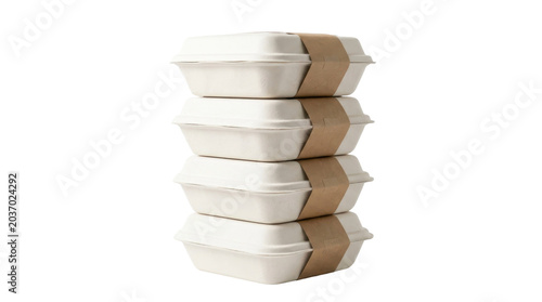 Stack of disposable fiber takeout food containers on a transparent background PNG image