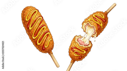 Corn dog with melted cheese and mustard on a transparent background PNG image