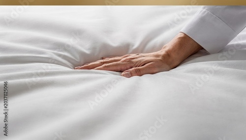 White fabric folds and housekeeping hand smoothing the surface for hotel hospitality campaigns, service quality advertising and luxury guest experience imagery