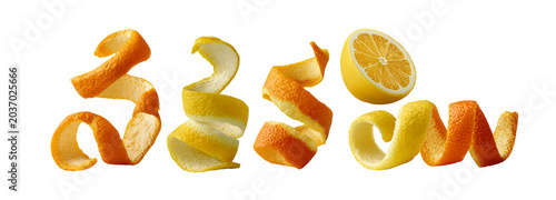 Citrus peels artfully curled transparent background food photography bright colors