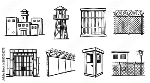 Cuadro en lienzo Prison building, guard tower, jail bars, barbed wire fence icons