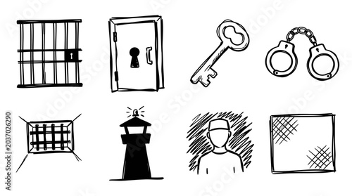 Cuadro en lienzo Prison Icons: Jail Cell, Door, Key, Handcuffs, Guard Tower, Prisoner