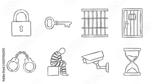 Fotografie Prison Icon Set: Lock, Key, Bars, Door, Handcuffs, Prisoner, Camera, Hourglass