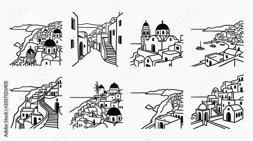 Santorini village sketch, iconic greek island architecture, white houses, blue domes