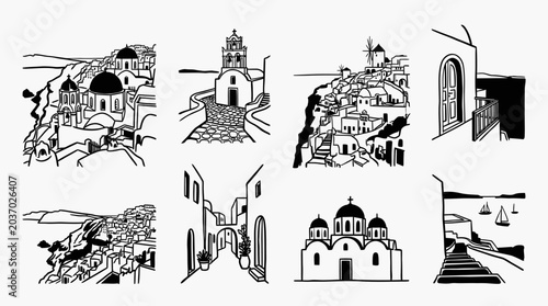 Bild auf Leinwand Santorini Greece White Village Sketch Collection