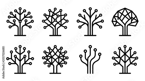 Fotografía Digital Tree Icons Set: Technology, Network, Growth, Data Flow, Circuitry