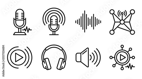 Fotografía Audio Icons Set: Microphone, Soundwave, Headphones, Play Button, Speaker