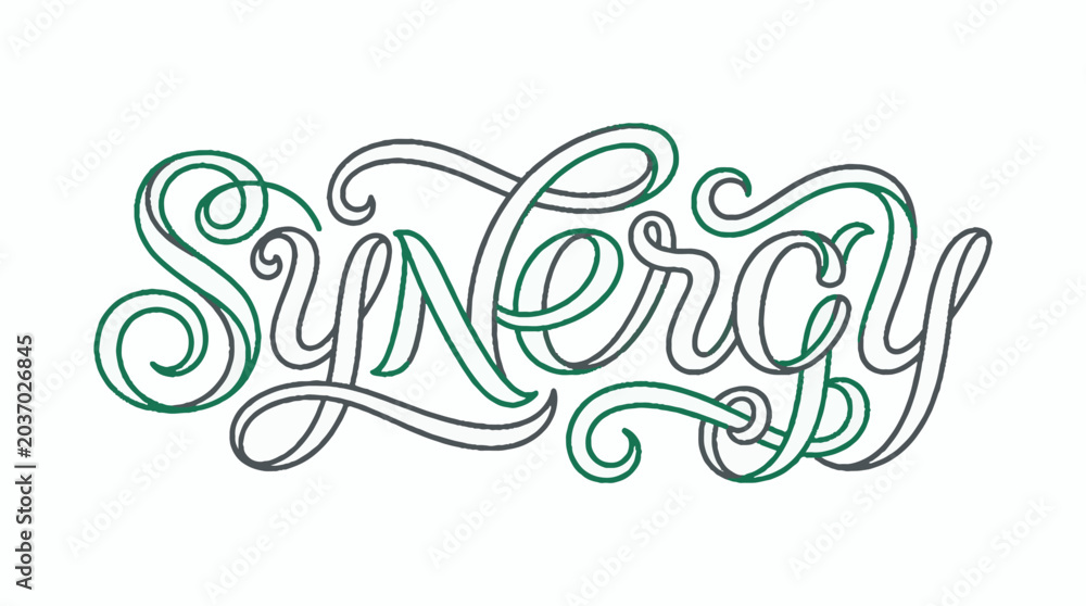 Fototapeta premium Synergy word written in a decorative cursive script font with intertwined green and grey lines on a white background for business branding concepts