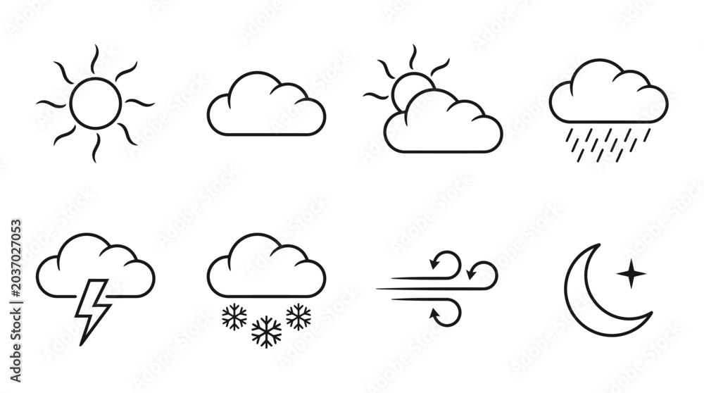Obraz premium Weather Icons Set: Sun, Clouds, Rain, Snow, Lightning, Wind, Night Sky