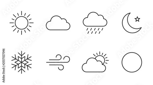 Tableau sur toile Weather Icons: Sun, Cloud, Rain, Snow, Moon, Wind, Partly Cloudy, Circle