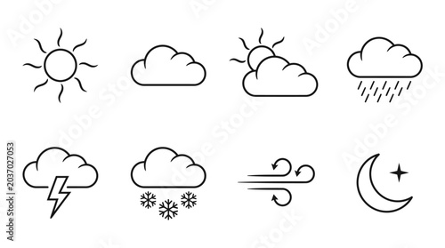 Photos Weather Icons Set: Sun, Clouds, Rain, Snow, Lightning, Wind, Night Sky