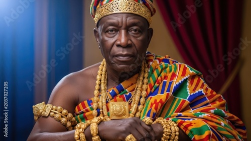 Portrait of a Ghanaian Tribal King Wearing Traditional Kente Cloth and Gold Jewelry.