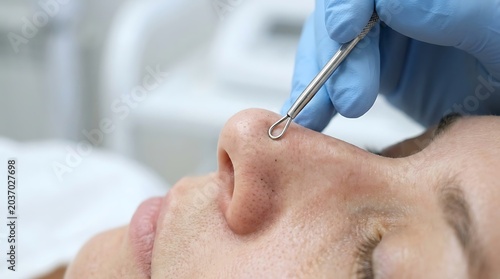 Skincare specialist using a professional comedone extractor tool for blackhead removal on a client's nose during a facial treatment.