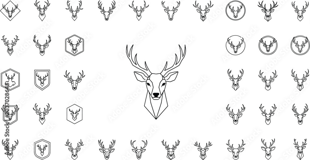 Obraz premium Minimal deer head logo vector collection with geometric stag emblems wildlife branding symbols and modern antler icon designs