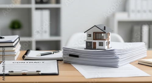 Miniature house model sitting on a large stack of legal documents and contracts on an office desk representing real estate purchase agreements