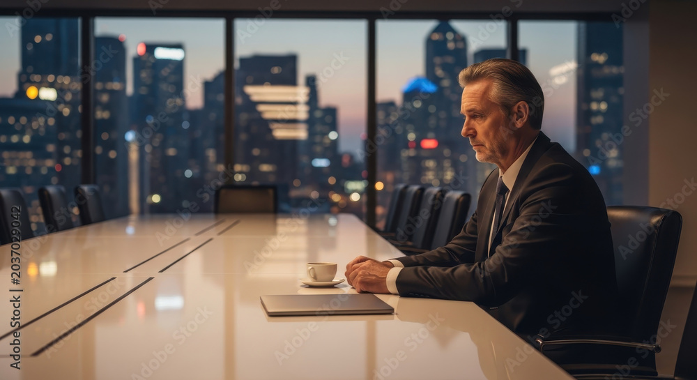 Fototapeta premium A man in a dark suit sits alone at a long conference table in a high-rise office overlooking a city skyline at dusk.