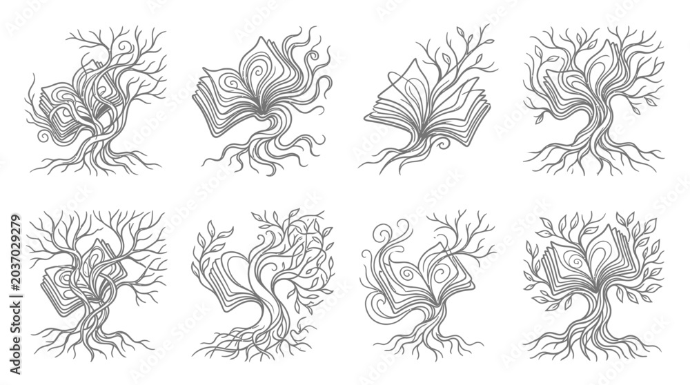 Fototapeta premium Enchanted Book Trees: Fantasy & Knowledge Growth Illustrations