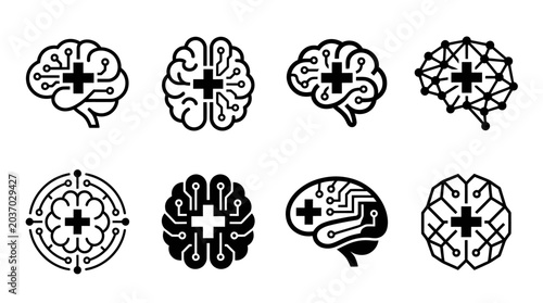 AI Brain Technology Icons: Medical Health and Neural Network Concepts