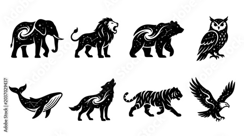 Photos Celestial Animal Silhouettes: Elephant, Lion, Bear, Owl, Whale, Wolf, Tiger, Eag