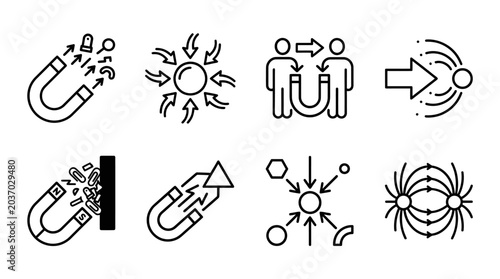 Bilde på lerret Magnetism Icons: Attraction, Repulsion, Force, and Fields