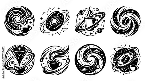 Bild auf Leinwand Cosmic Coffee: Whimsical Space-Themed Coffee Cup and Bean Illustrations