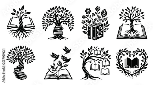 Fotografía Tree of Knowledge Symbols: Open Books, Growth, Wisdom, Learning, Education Icons