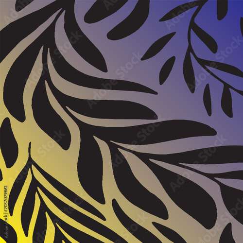 Fotografía Abstract background featuring black organic leaf and branch silhouettes layered over a smooth, diagonal color gradient shifting from bright yellow to muted purple tones