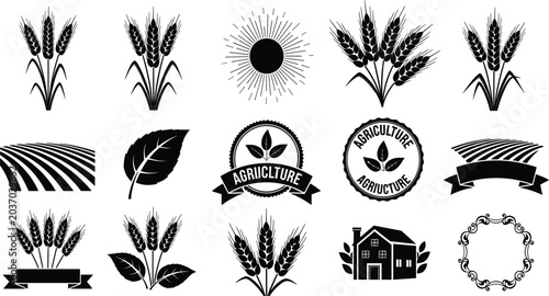 Foto Agriculture and Farming Vector Set with Wheat Field Farm and Badge Elements