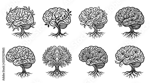 Bild auf Leinwand Brain Tree Illustrations: Growth, Nature, and Ideas Symbolism