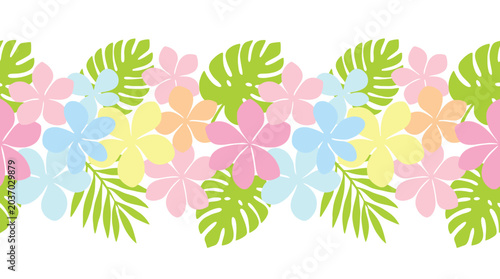Foto Seamless tropical floral border pattern featuring pastel flowers and green palm