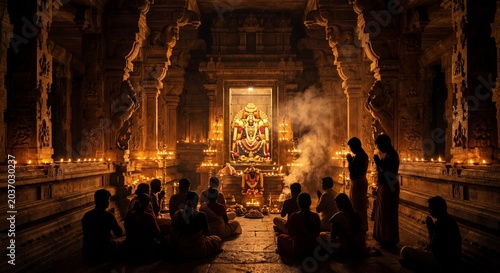 Devotees praying inside illuminated Hindu temple with sacred shrine incense smoke and warm spiritual lighting during religious worship ceremony