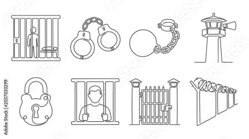Konstfotografi Prison Icons: Jail cell, handcuffs, ball and chain, guard tower, lock, gate, bar