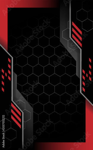 Abstract Black and Red Futuristic Technology Background with Hexagon Pattern and Light Accents