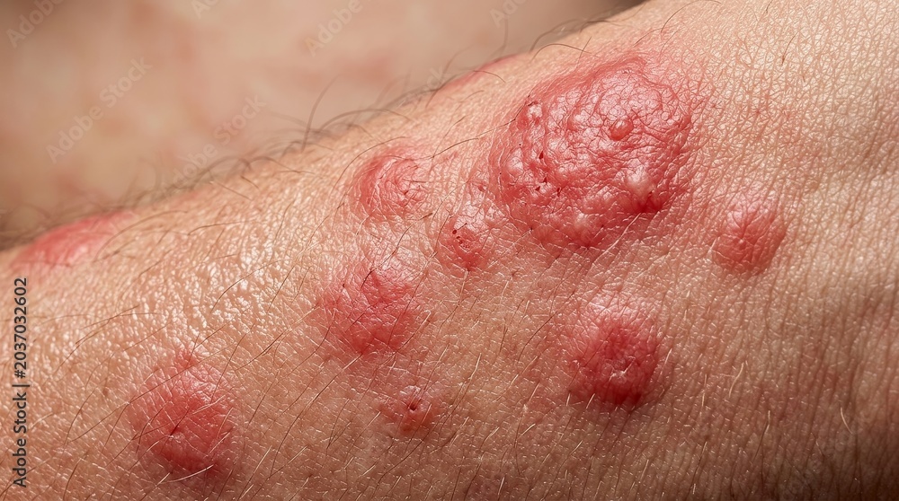 Fototapeta premium Extreme macro skin rash close up with irritated red hives dermatology medical texture detail